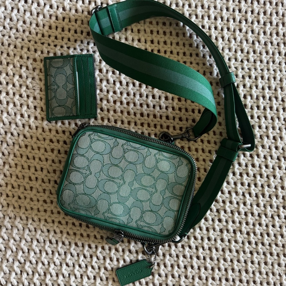Coach Green Signature Crossbody with Striped Strap and Card Holder